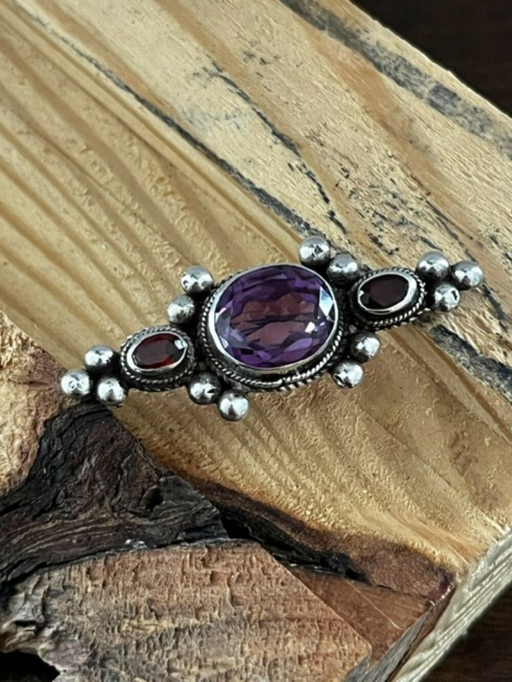 Vintage Sterling Silver Garnet Alexandrite Brooch Pin